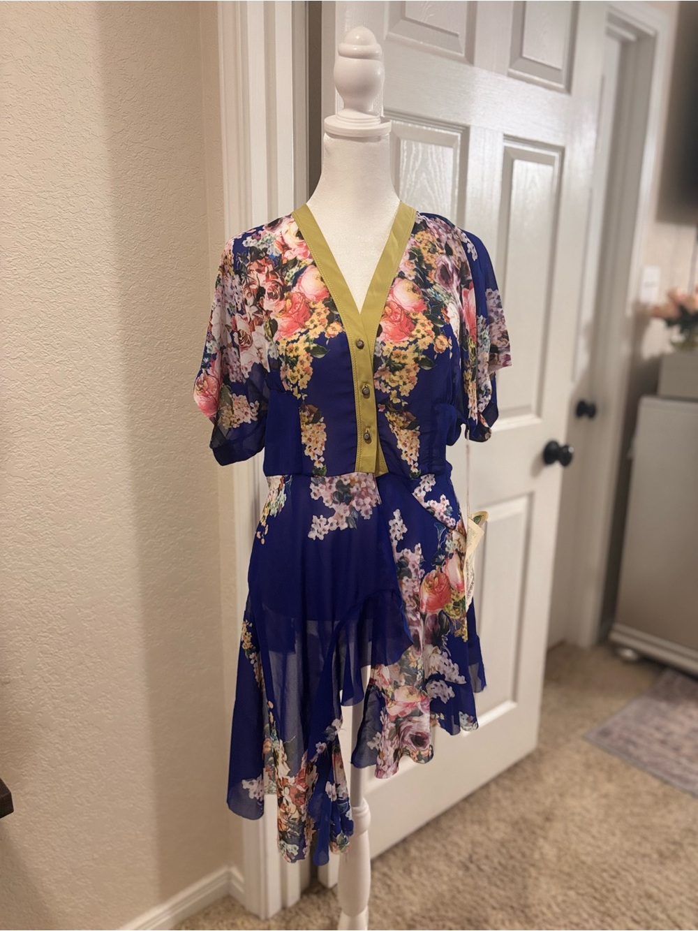 Aratta Royal Blue Floral V-Neck Ruffle Dress with Olive Trim